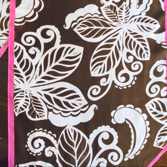 Chiffon Hawaiian White Paisley Print Brown Pink Border Sheer Neck Purse Scarf OS - Picture 11 of 16